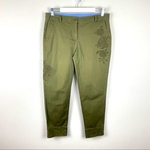 Talbots The Weekend Chino Olive Green Cropped Floral Embroidery Size 6 Petite